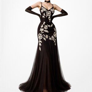 Vintage Y2K Brown Floral Mesh Maxi Formal Prom Dress Size S/M